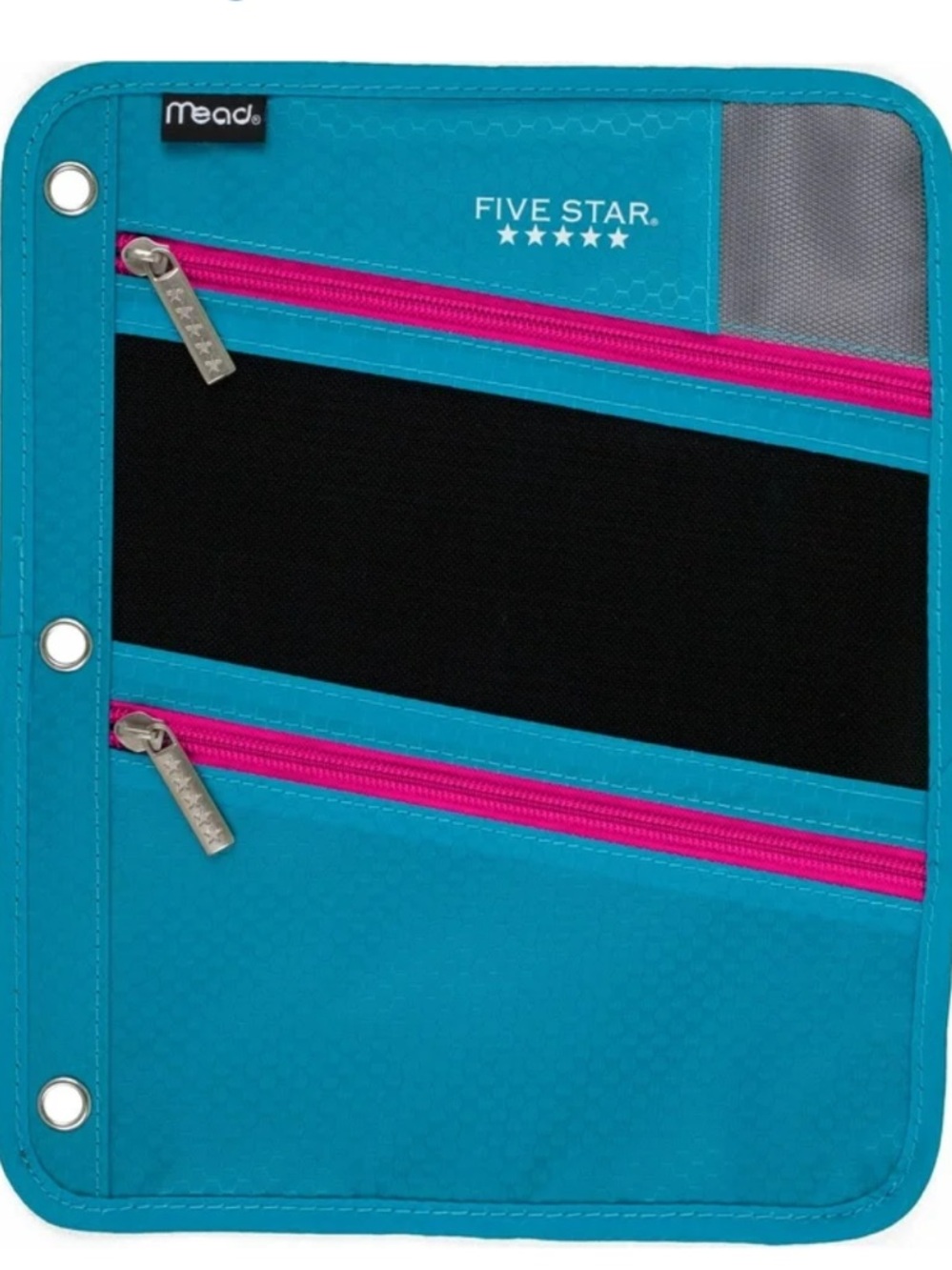FIVE STAR Teal Mesh Pencil Case with Pink Zippers